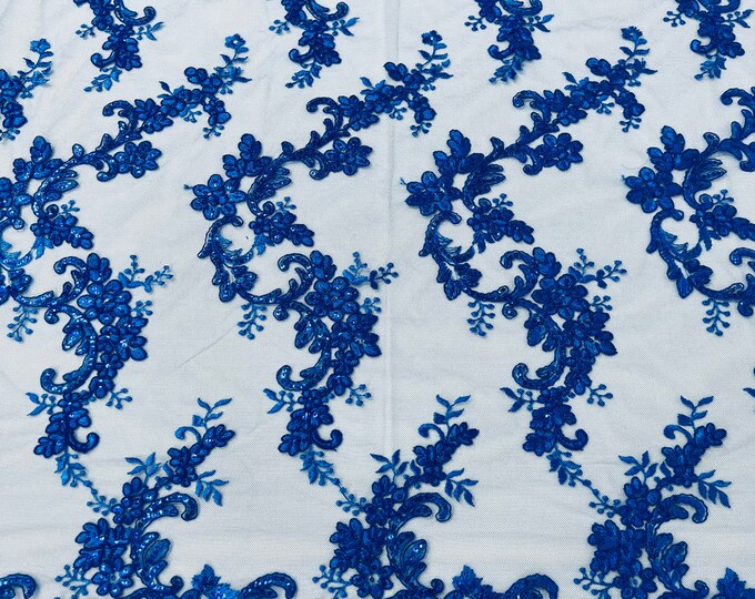 Royal blue flower lace corded and embroider with sequins on a mesh-Sold by the yard.