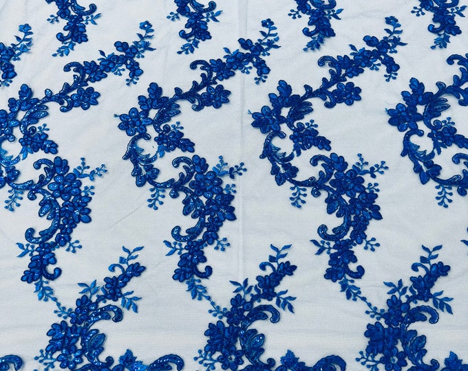 Royal blue flower lace corded and embroider with sequins on a mesh-Sold by the yard.