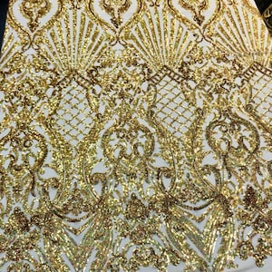Gold iridescent damask sequin design on a 4 way stretch mesh-dresses-prom-nightgown-sold by the yard-free shipping in the USA-