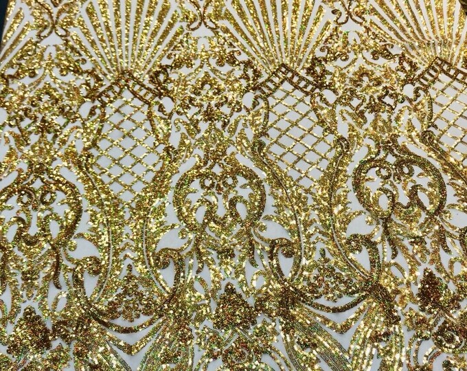Gold iridescent damask sequin design on a 4 way stretch mesh-dresses-prom-nightgown-sold by the yard-free shipping in the USA-
