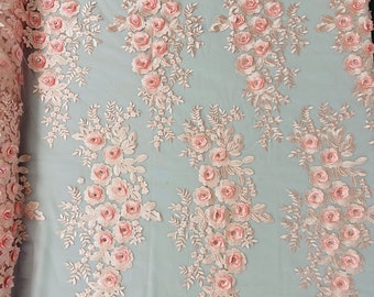 Pink 3d floral design embroider and beaded with rhinestones on a mesh lace-prom-dresses-nightgown-apparel-fashion-sold by yard.