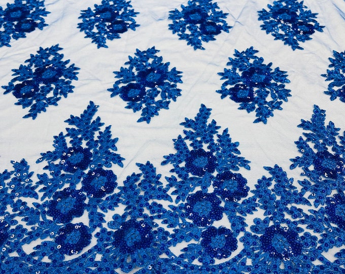 Royal blue Floral corded embroider with sequins on a mesh lace fabric-sold by the yard.