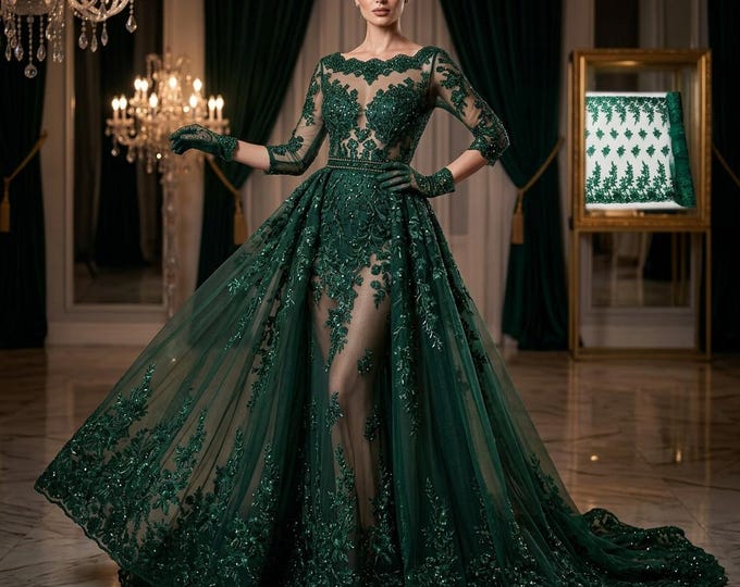 Hunter Green Beaded Lace Fabric by the Yard, Luxury Embroidered Mesh Lace, Bridal Wedding Dress Fabric, Sequins Prom Gown Couture Material
