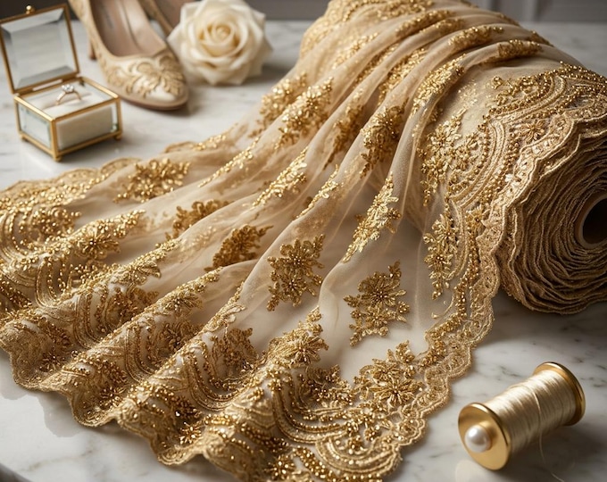 Metallic Gold Beaded Lace Fabric by the Yard, Floral Embroidered Mesh Lace for Bridal Wedding & Prom Dresses