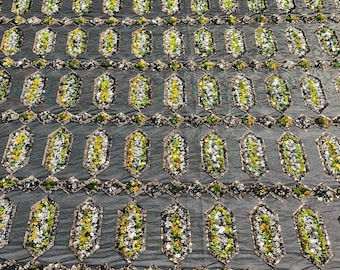 Green/Yellow iridescent Jewel sequin design on a black 4 way stretch mesh fabric -sold by the yard.