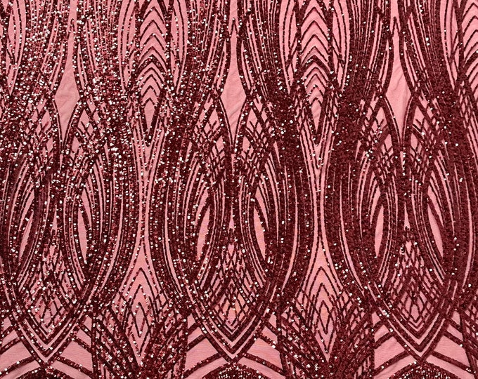 Burgundy Feather damask shiny sequin design on a 4 way stretch mesh Fabric-prom-sold by the yard.