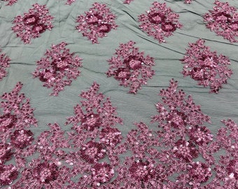 Pink/Black Floral corded embroider with glitter sequins on a mesh lace fabric-sold by the yard.