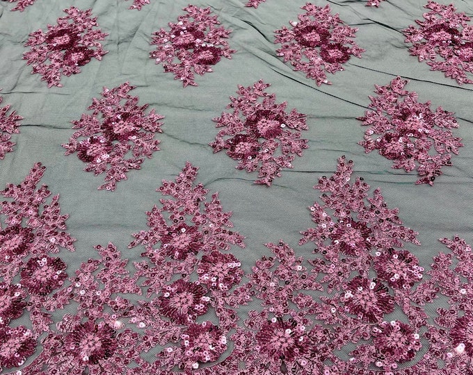 Pink/Black Floral corded embroider with glitter sequins on a mesh lace fabric-sold by the yard.