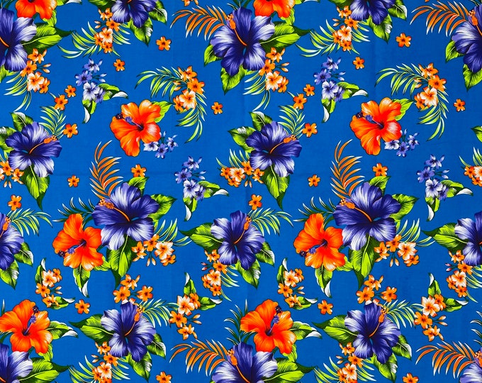 Royal Blue Multi Color Hawaiian Hibiscus  Floral Fabric/ 100% Cotton Fabric/45" Wide/Quilting Cotton/Apparel/Tropical.