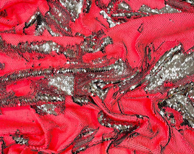 Neon Pink Silver Reversible Color Changing Sequin Fabric| 54" Wide| Stretch Polyester Spandex.