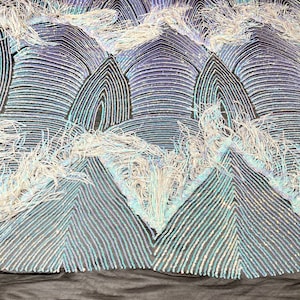 Aqua iridescent fringe sequins design on a Black 4 way stretch mesh fabric-prom-sold by the yard.