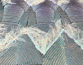 Aqua iridescent fringe sequins design on a Black 4 way stretch mesh fabric-prom-sold by the yard.