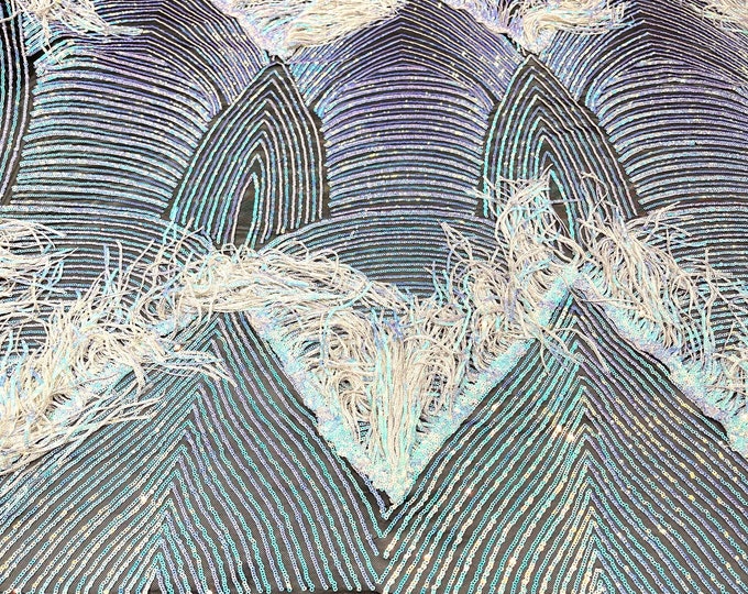Aqua iridescent fringe sequins design on a Black 4 way stretch mesh fabric-prom-sold by the yard.