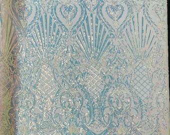 Shiny sequin shell damask design on a 4 way stretch mesh fabric -prom-sold by the yard.