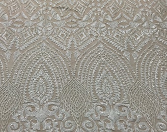 Skin color-white color geometric diamond design embroidery with sequins on a 4 Way Stretch Mesh-dresses-prom-nightgown-sold by the yard.