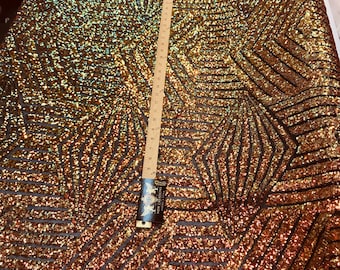 Orange iridescent sequin geometric diamond design on a 2 way stretch black mesh fabric-prom-nightgown-sold by the yard-free shipping in USA-