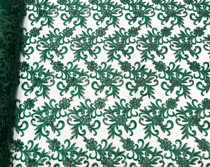 Hunter Green corded flowers embroider with sequins on a mesh lace fabric-sold by the yard-