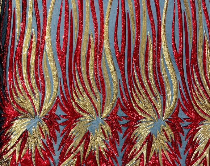 Gold/Red sequin Wings design on a black 4 way stretch mesh fabric- prom-nightgown-by the yard-free shipping in the USA.
