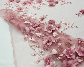 Dusty Rose Orquidia 3d floral design embroider with pearls in a mesh lace fabric-dresses-fashion-decorations-prom-sold by the yard.