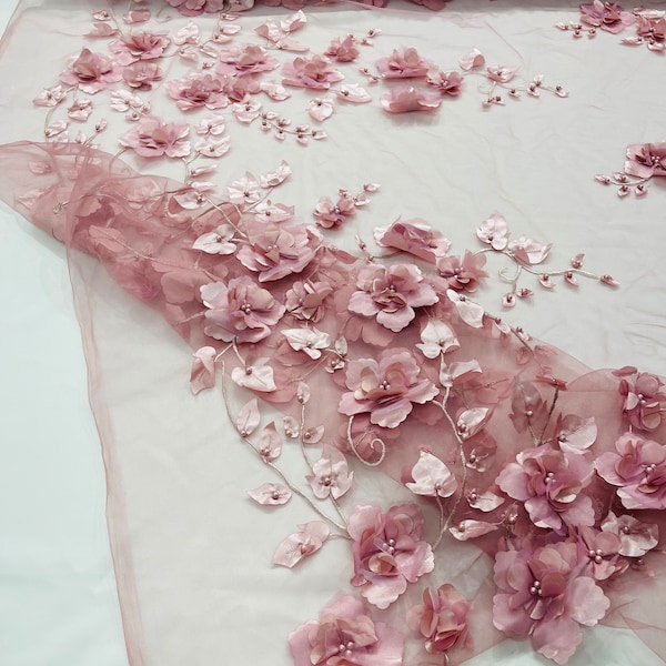 3D floral design embroider with pearls in a mesh lace-sold by the yard. Dusty Rose main image 0