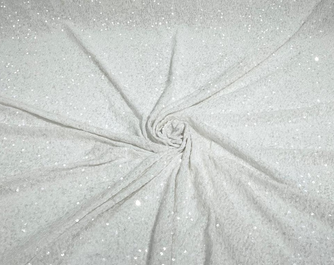 Clear White stretch velvet with luxury sequins all over 5mm shining sequins stretch, sold by the yard.