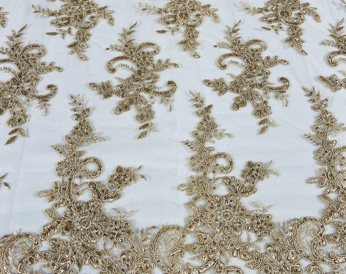 champagne Lex floral design corded and embroider with sequins on a mesh lace fabric-prom-sold by the yard.