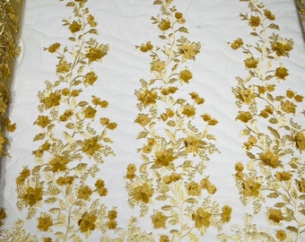 Gold 3d floral design embroidery with pearls on a mesh lace-dresses-apparel-fashion-prom-nightgown-sold by the yard.