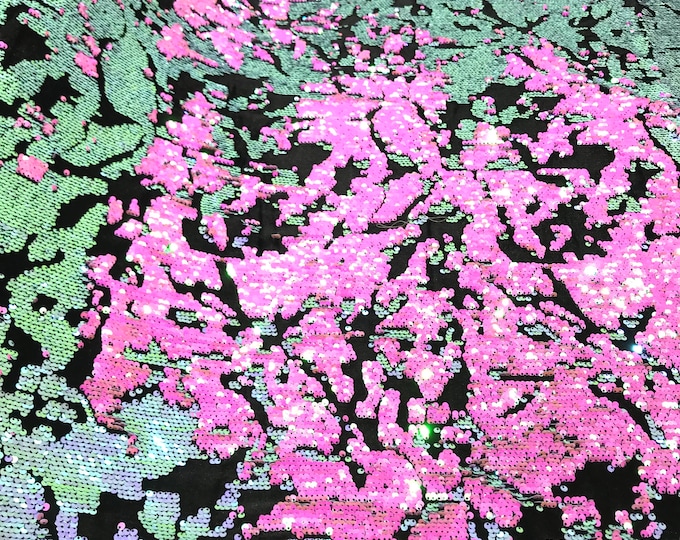 Hot Pink/ Mint Green iridescent sequins flip two tone camouflage  design on a black stretch velvet, Sold by the yard.