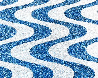 White/Light Blue sequin Wave Design On Light Blue stretch velvet all over 5mm shining sequins 2-way stretch, sold by the yard.