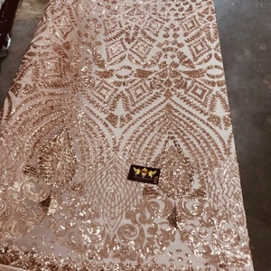 New rose gold shiny diamond design with sequins on a 4 way stretch mesh-prom-nightgown-sold by the yard-free shipping in the USA.