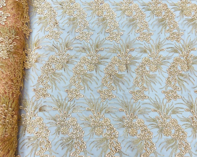 Blush peach feather design lace with metallic cord and embroider with sequins on a mesh-Sold by the yard.