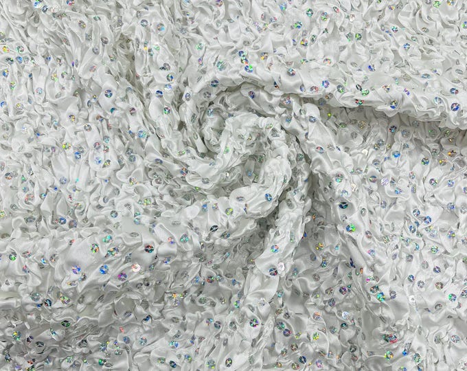 White Pleated Stretch Satin Ruffle lace Trim With Hologram Sequin/24" Wide/Sold By The Yard.