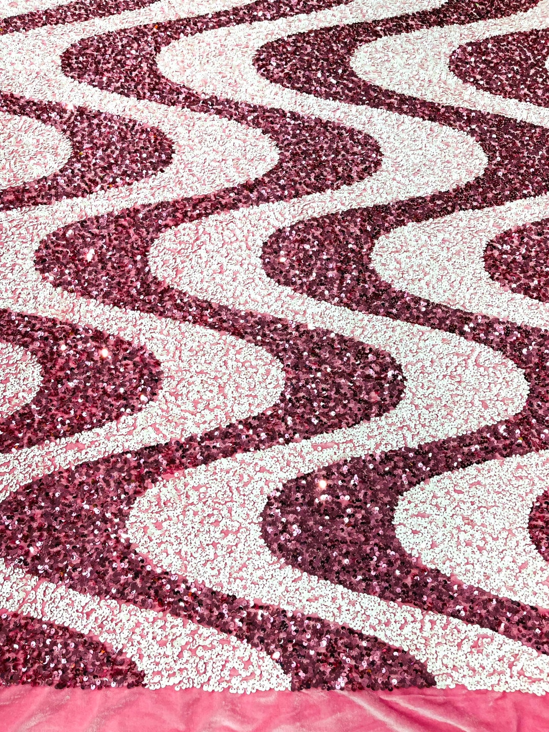 White/dusty Rose Sequin Wave Design on Pink Stretch Velvet All Over 5mm ...