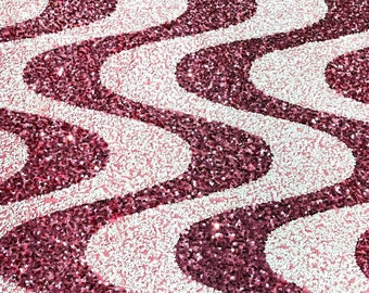 White/Dusty Rose sequin Wave Design On Pink stretch velvet all over 5mm shining sequins 2-way stretch, sold by the yard.
