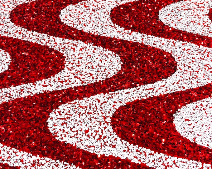 White/Red sequin Wave Design On Red stretch velvet all over 5mm shining sequins 2-way stretch, sold by the yard.