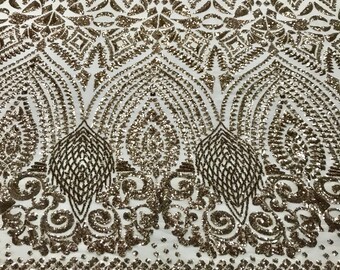 Gold geometric diamond design embroidery with sequins on a 4 way stretch mesh-dresses-prom-nightgown-fashion-sold by the yard.