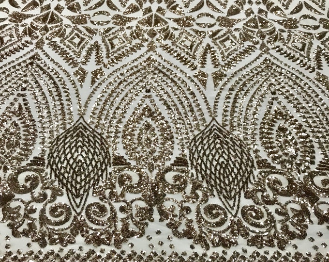 Gold geometric diamond design embroidery with sequins on a 4 way stretch mesh-dresses-prom-nightgown-fashion-sold by the yard.