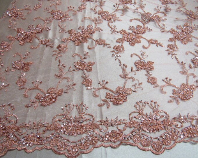 Elegant blush peach French design embroider and beaded on a mesh lace. Wedding/Bridal/Prom/nightgown fabric .