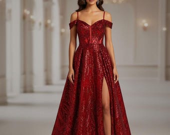 Big Damask Sequin Embroidered Red Mesh Fabric, 4 Way Stretch Material Sold by the Yard