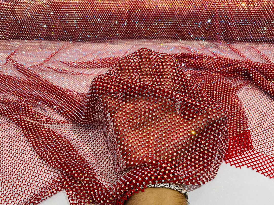 Iridescent Rhinestones On Soft Stretch Fish Net Fabric 45