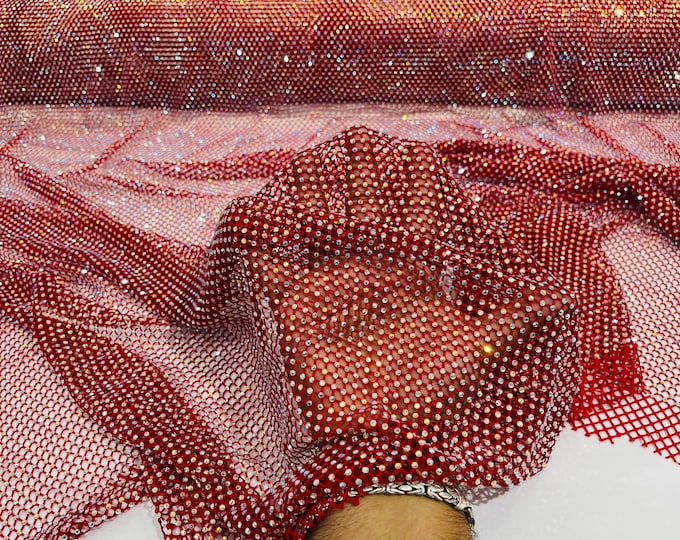 Red AB Iridescent Rhinestones On Soft Stretch Fish Net Fabric 45" Wide -sold by The Yard.