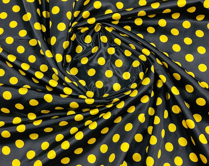 Yellow 1/2 inch Multi Color Polka Dot On A Black Soft Charmeuse Satin Fabric Sold By The Yard-60" Wide 100% Polyester.