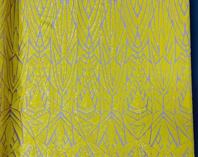 Bright Yellow Geometric shiny sequin design on a Nude 4 way stretch mesh-sold by the yard.