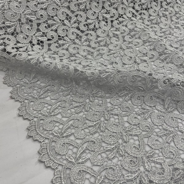 White/Silver metallic vine guipure embroider lace 40” Wide /Prom/wedding/nightgowns/bridal/tablecloths fabric