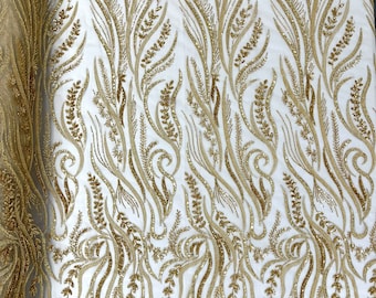 Gold feather damask embroider with sequins and heavy beaded on a mesh lace fabric-sold by the yard-
