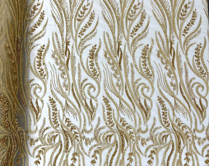 Gold feather damask embroider with sequins and heavy beaded on a mesh lace fabric-sold by the yard-