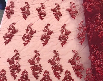 Burgundy hand beaded floral design embroidery with shiny sequins on a mesh lace-dresses-apparel-prom-nightgown-sold by the yard.