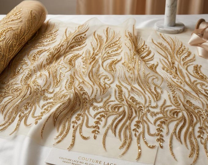 Gold Beaded Lace Fabric by the Yard, Feather Embroidered Sequins Mesh Lace, Luxury Bridal Wedding Dress Fabric, Couture Prom Gown Material