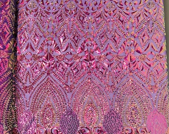 Purple Iridescent - Diamond Geometric Sequin On A Stretch Mesh Fabric ( By The Yard)