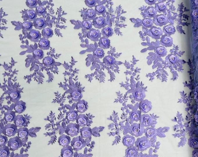 Lavender 3d floral design embroider and beaded with rhinestones on a mesh lace-prom-dresses-nightgown-apparel-fashion-sold by yard.